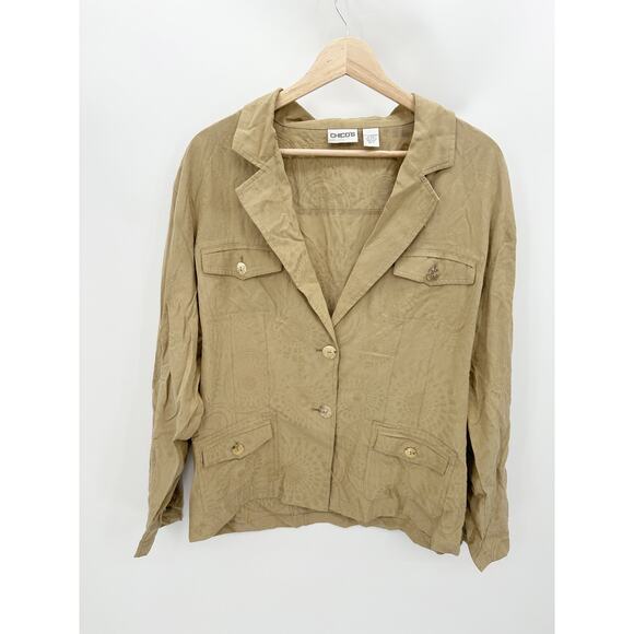 Chico's Soybean Fiber Cream Tan Printed Button Down Light Jacket Shirt Large - Picture 1 of 6